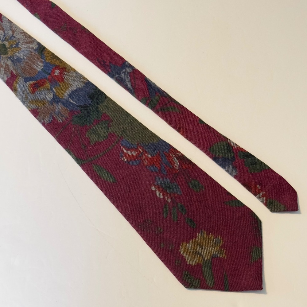 Nautica Mens Floral Necktie Burgundy Rayon Wool Blend Hand Finished Made in USA